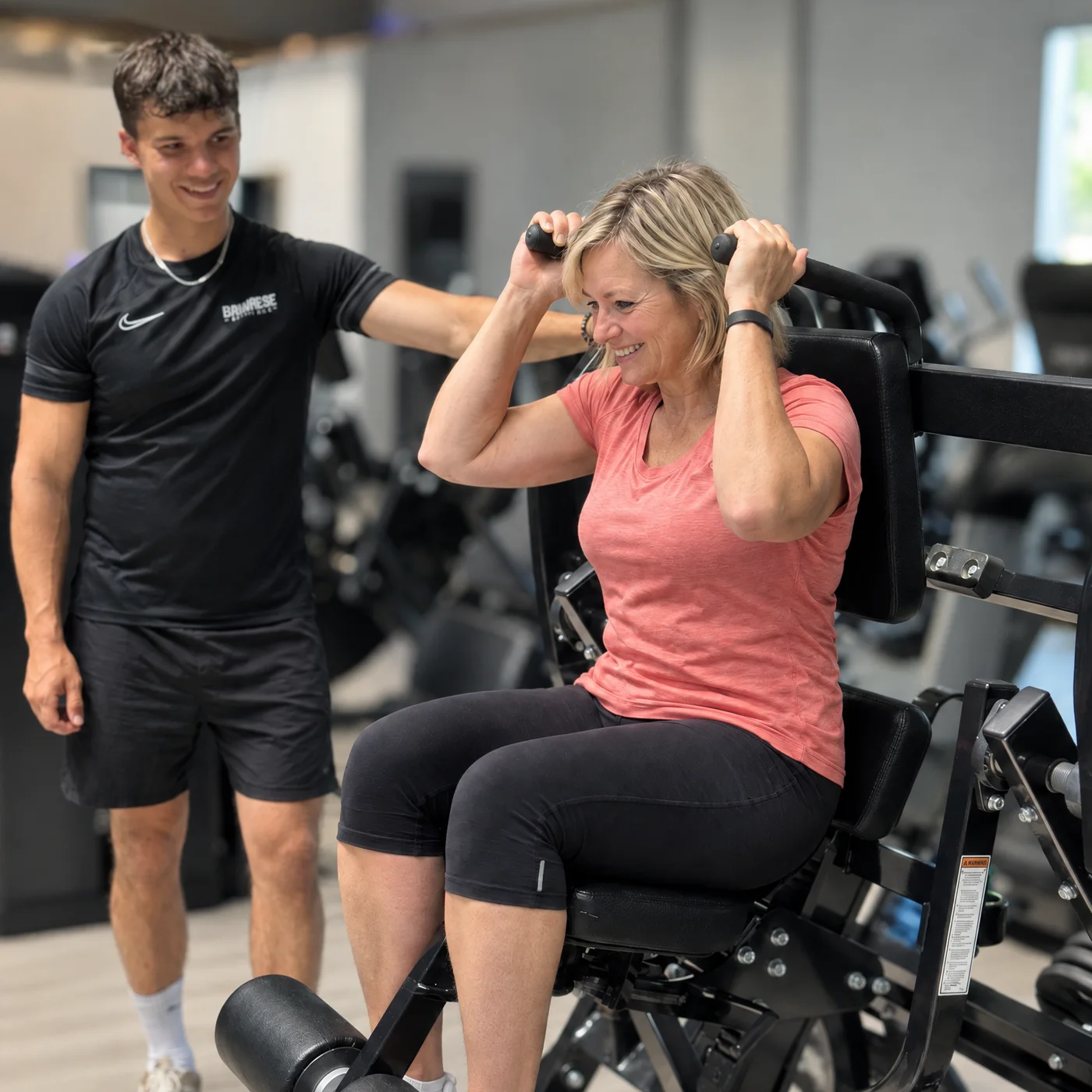 Dualer Student Kevin begleitet ein Mitglied beim Training an einem Gerät